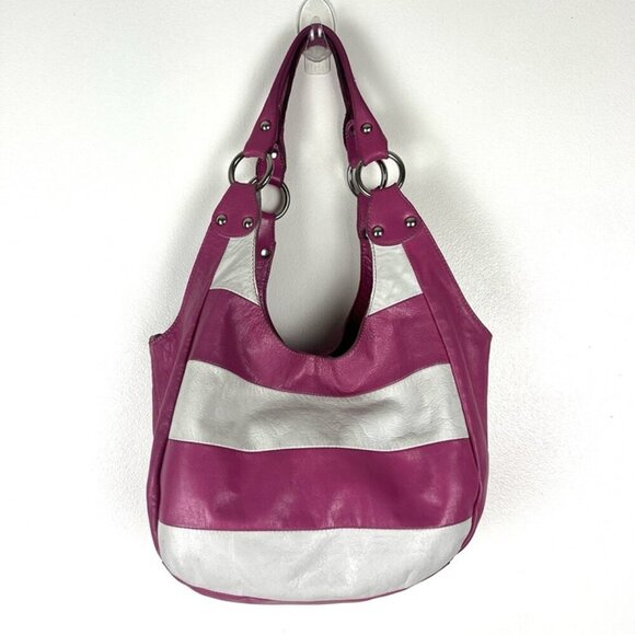 INNUE Pink & White Leather Hobo Shoulder Bag Purse Boho Chic Made in Italy - Picture 1 of 12